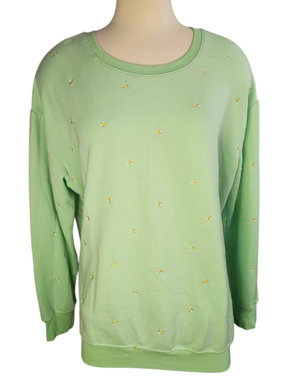 Sew In Love Lime Green Daisy Embroidered Crewneck Sweatshirt, Large